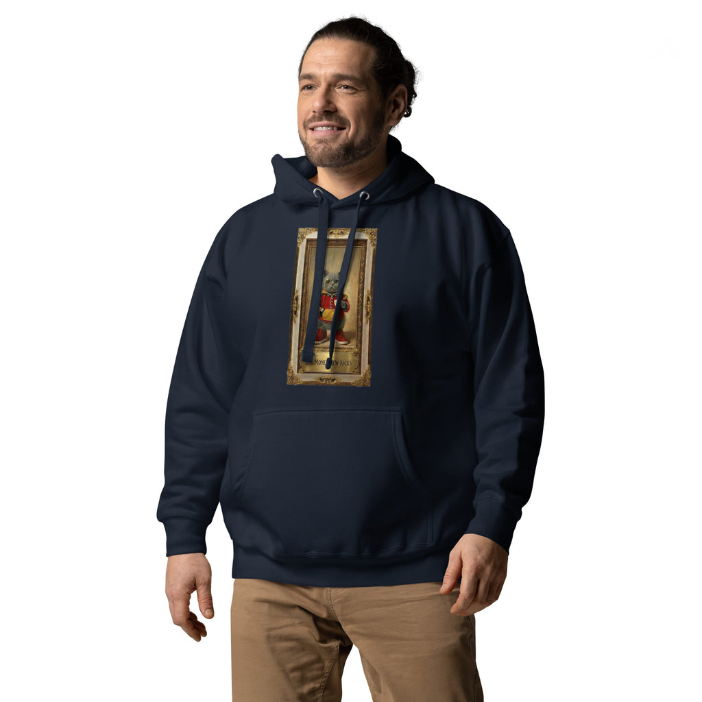 Model wearing navy hoodie with Renaissance portrait in gilded frame, front view