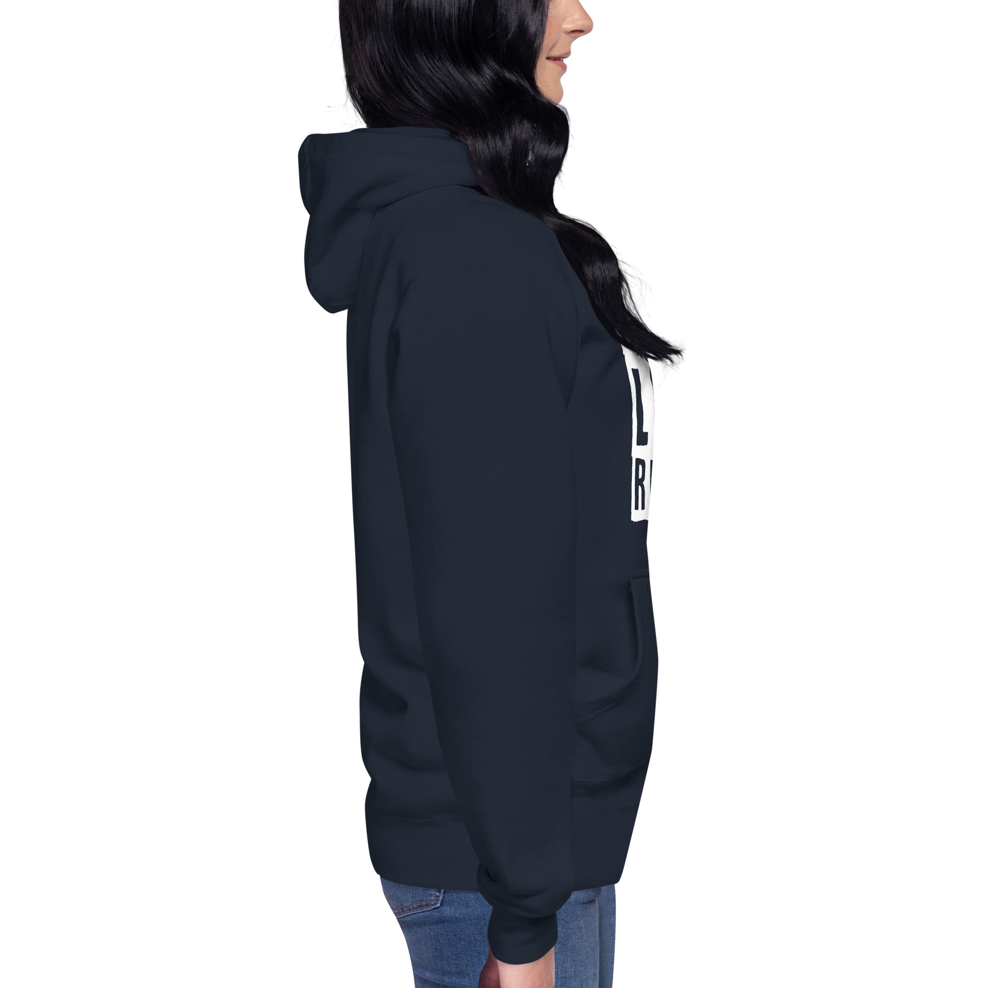 Model wearing navy Peace Love Rescue Streetwear Hoodie, right side view.