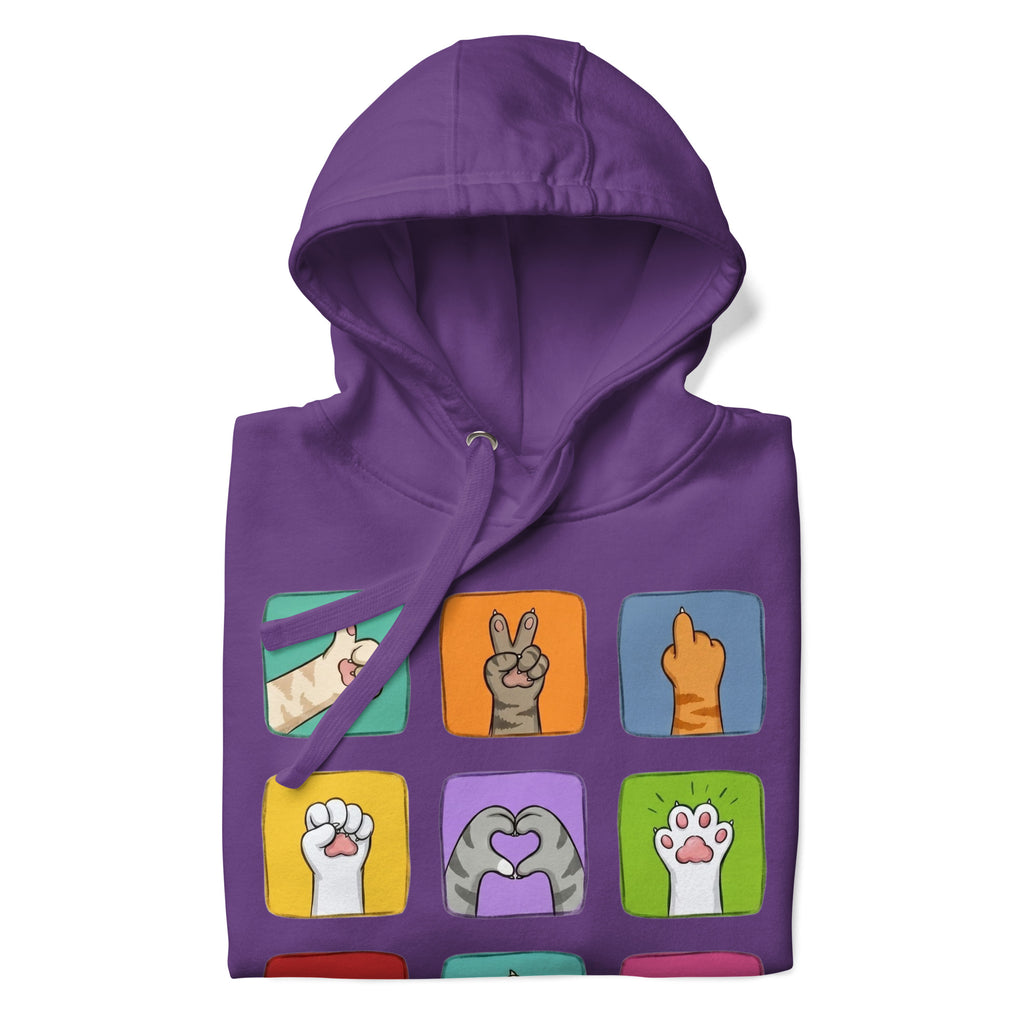 Purple hoodie with colorful paw signals grid graphic, front flat lay