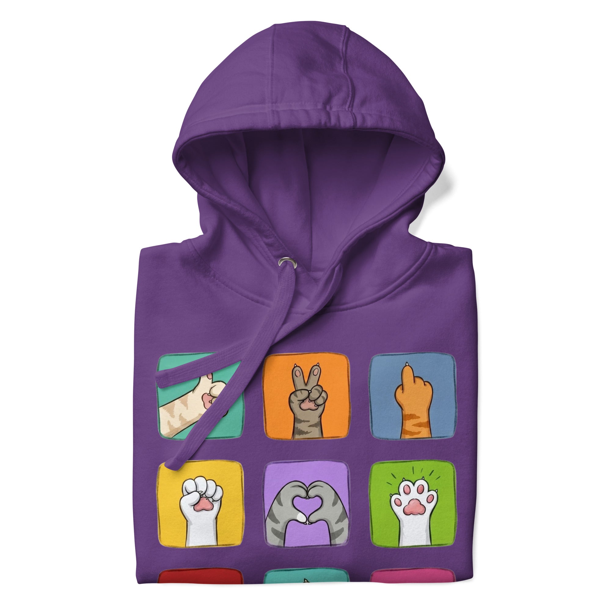 Purple hoodie with colorful paw signals grid graphic, front flat lay