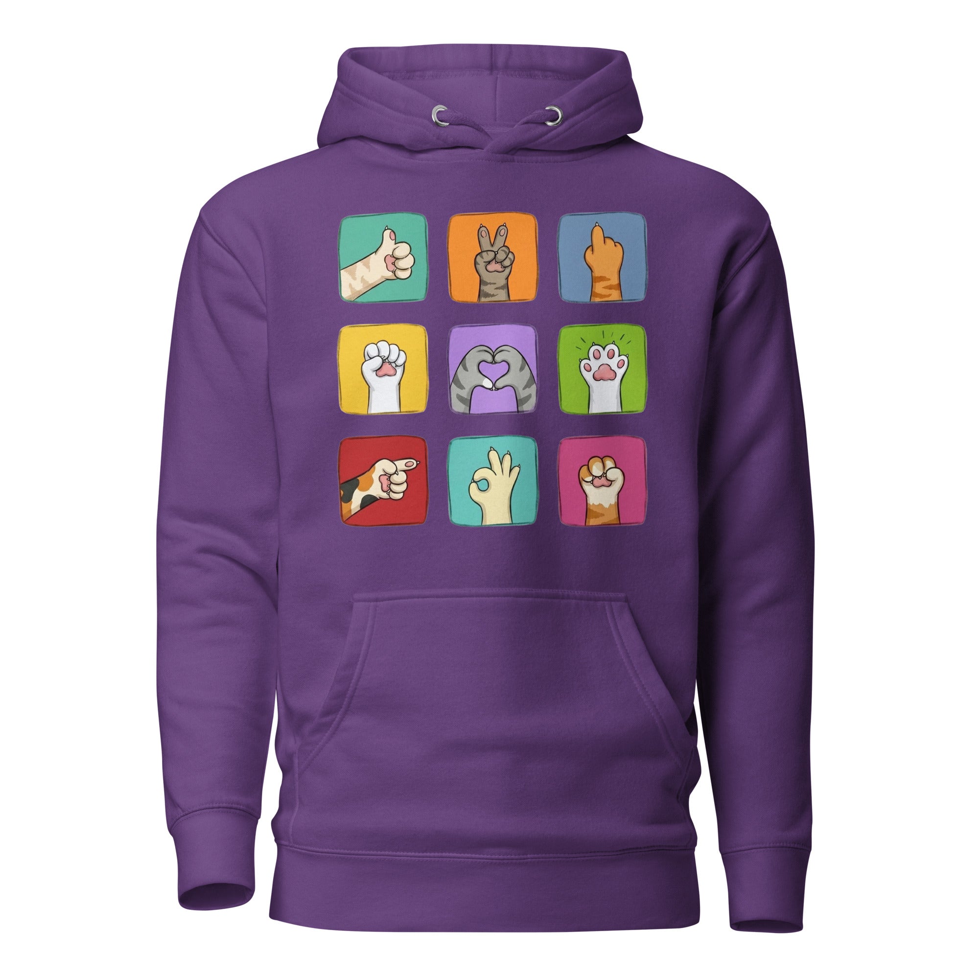 Dark purple hoodie with colorful paw signals grid graphic, front flat lay