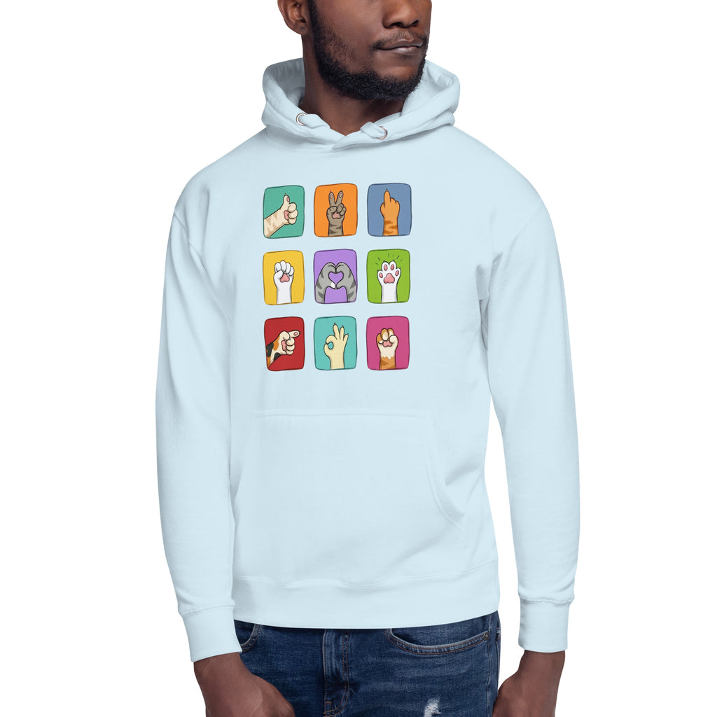 Model wearing light blue hoodie with colorful paw signals grid graphic