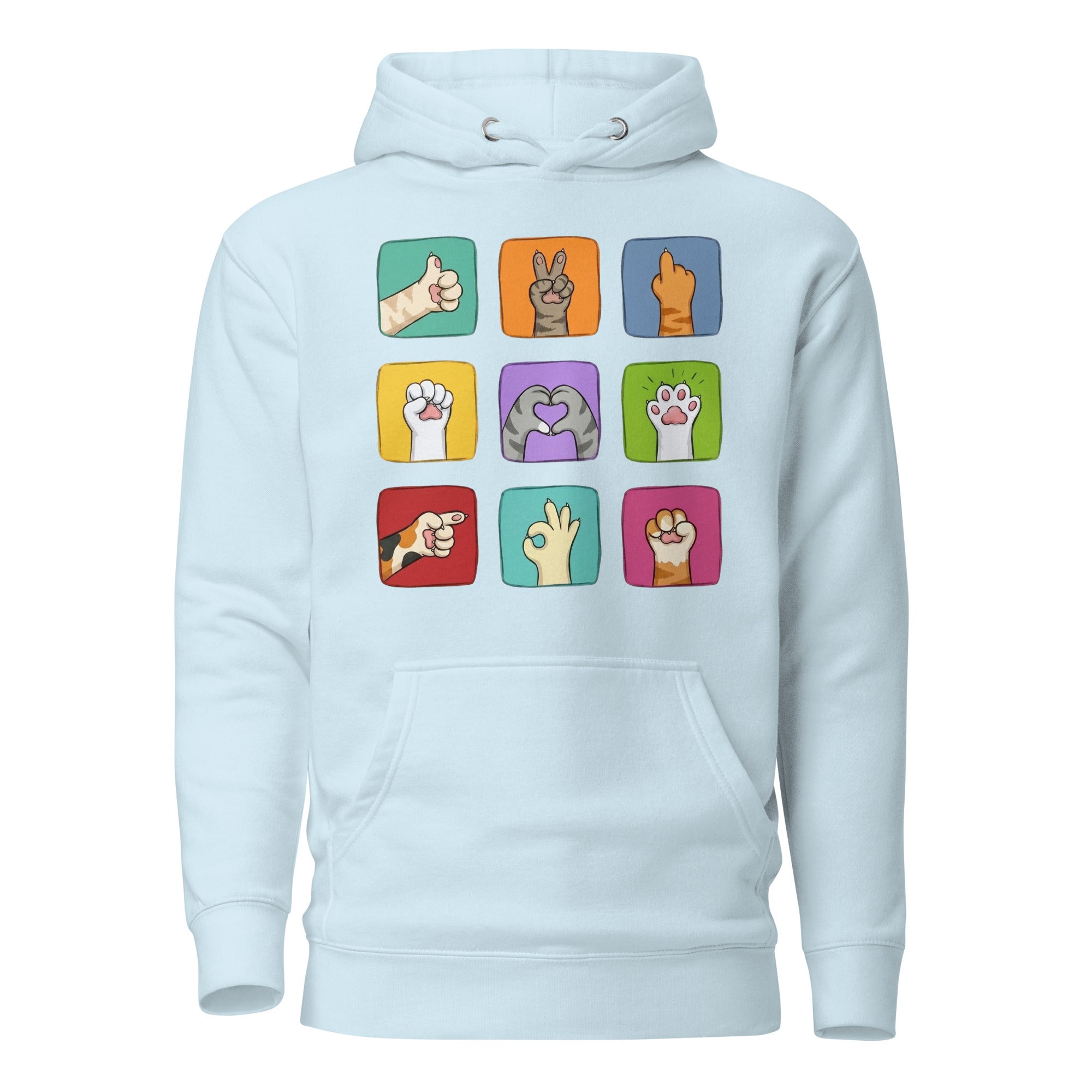 Light blue hoodie with colorful paw signals grid graphic, front flat lay