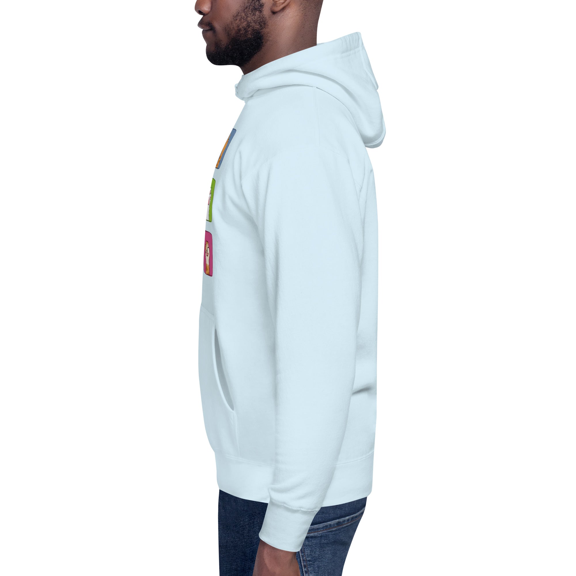 Model wearing light blue hoodie, left side view