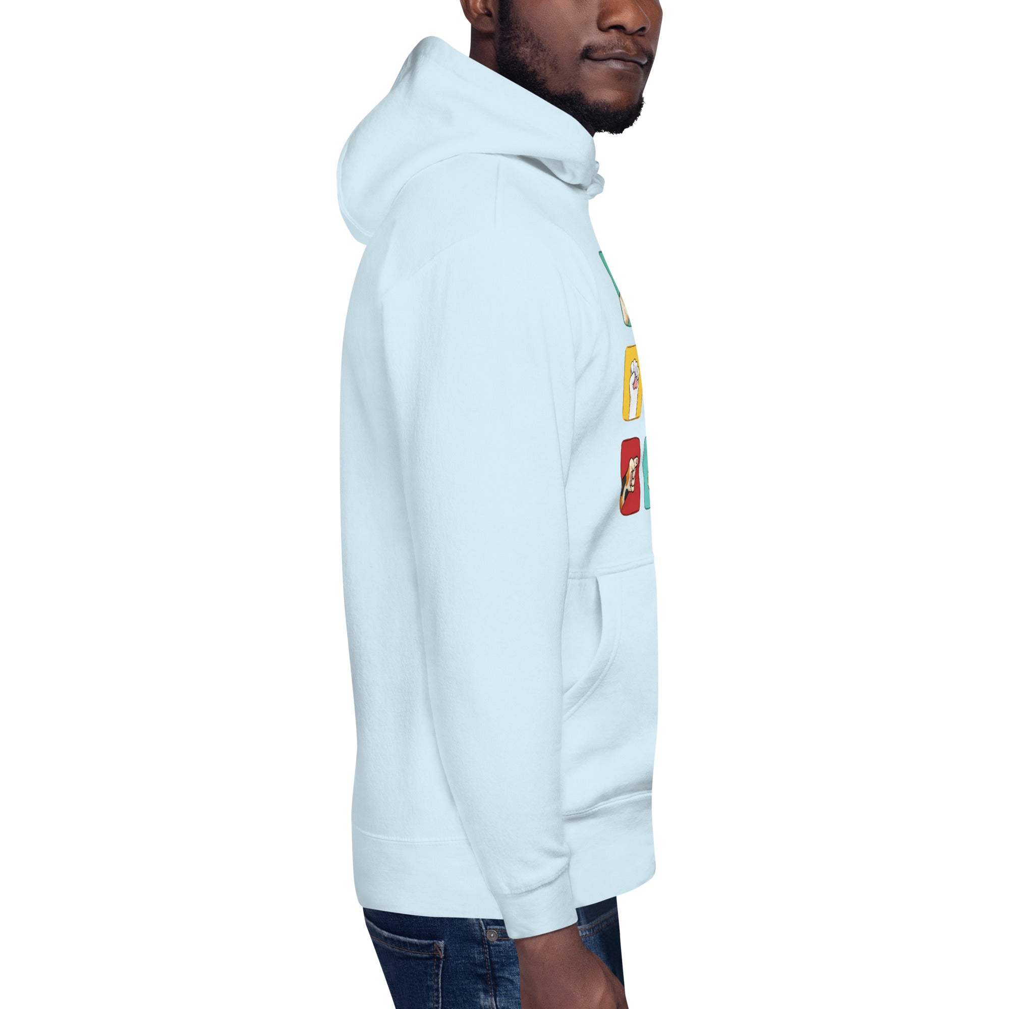 Model wearing light blue hoodie, right side view