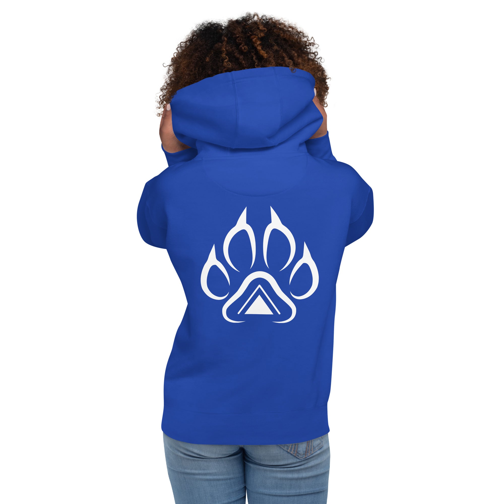 Back view of blue Grit City Tribe hoodie with oversized tribal lion paw and triangle graphic