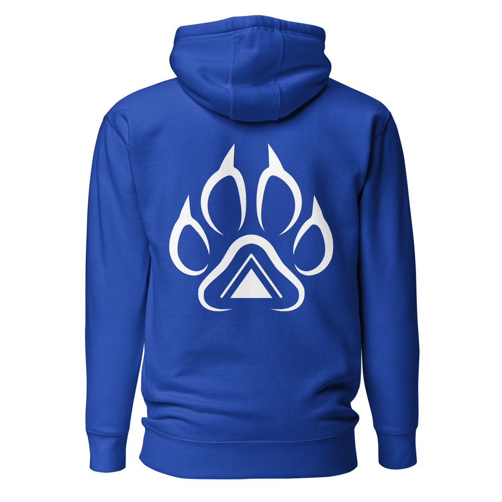 Blue Grit City Tribe hoodie back with tribal lion paw print and triangle center graphic