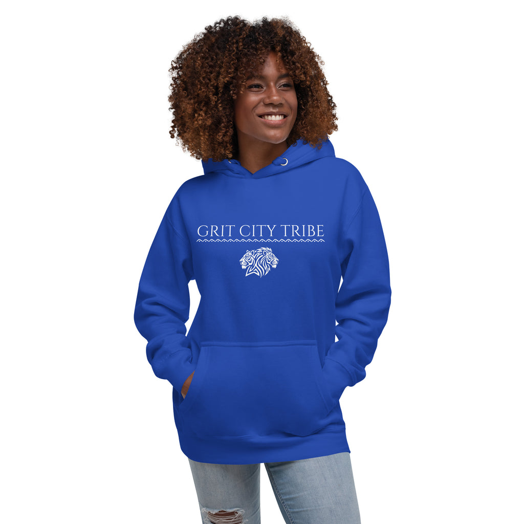 Woman wearing blue Grit City Tribe hoodie with tribal lion duo graphic and serif lettering