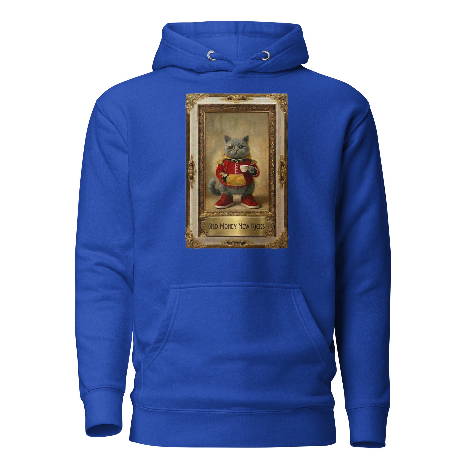 Royal blue hoodie with Renaissance portrait in ornate gilded frame graphic, front view