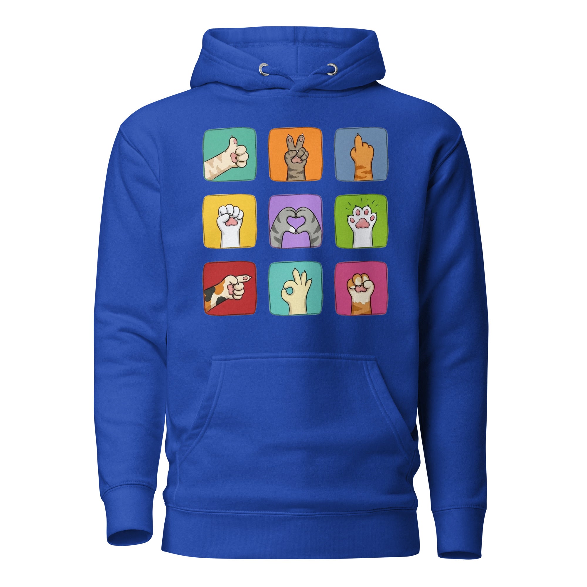 Royal blue hoodie with colorful paw signals grid graphic, front flat lay