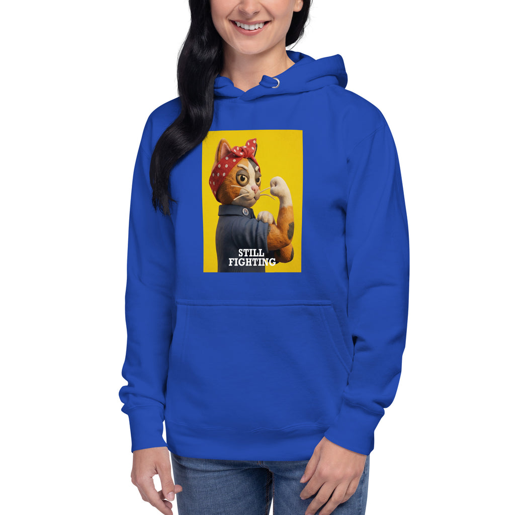 Model wearing royal blue Still Fighting Hoodie with multicolored pop-art graphic