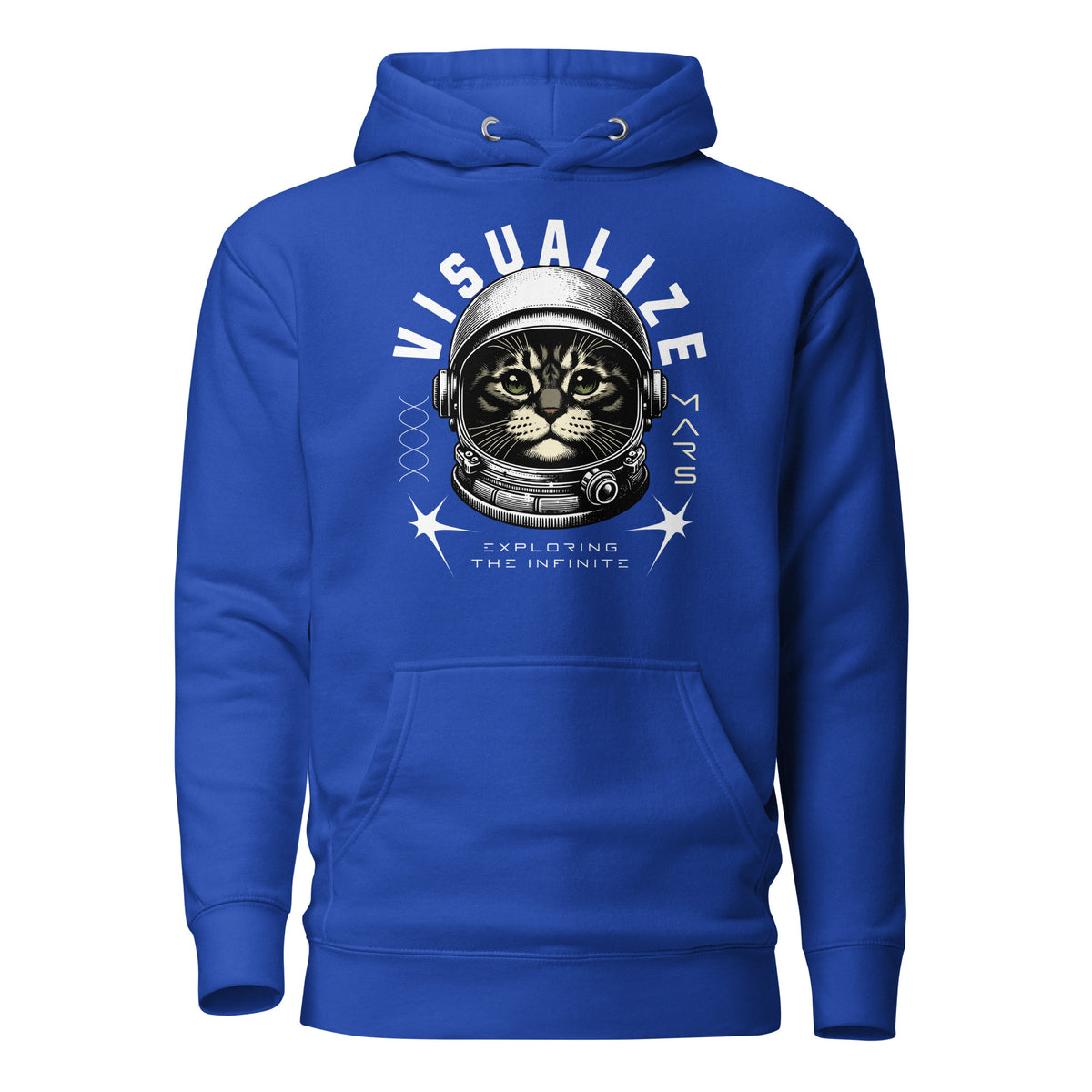 Front  view of a royal blue hoodie with a graphic of a cat wearing a space helmet. The text above the graphic reads, "VISUALIZE MARS," with the sub-text, "EXPLORE THE INFINITE.