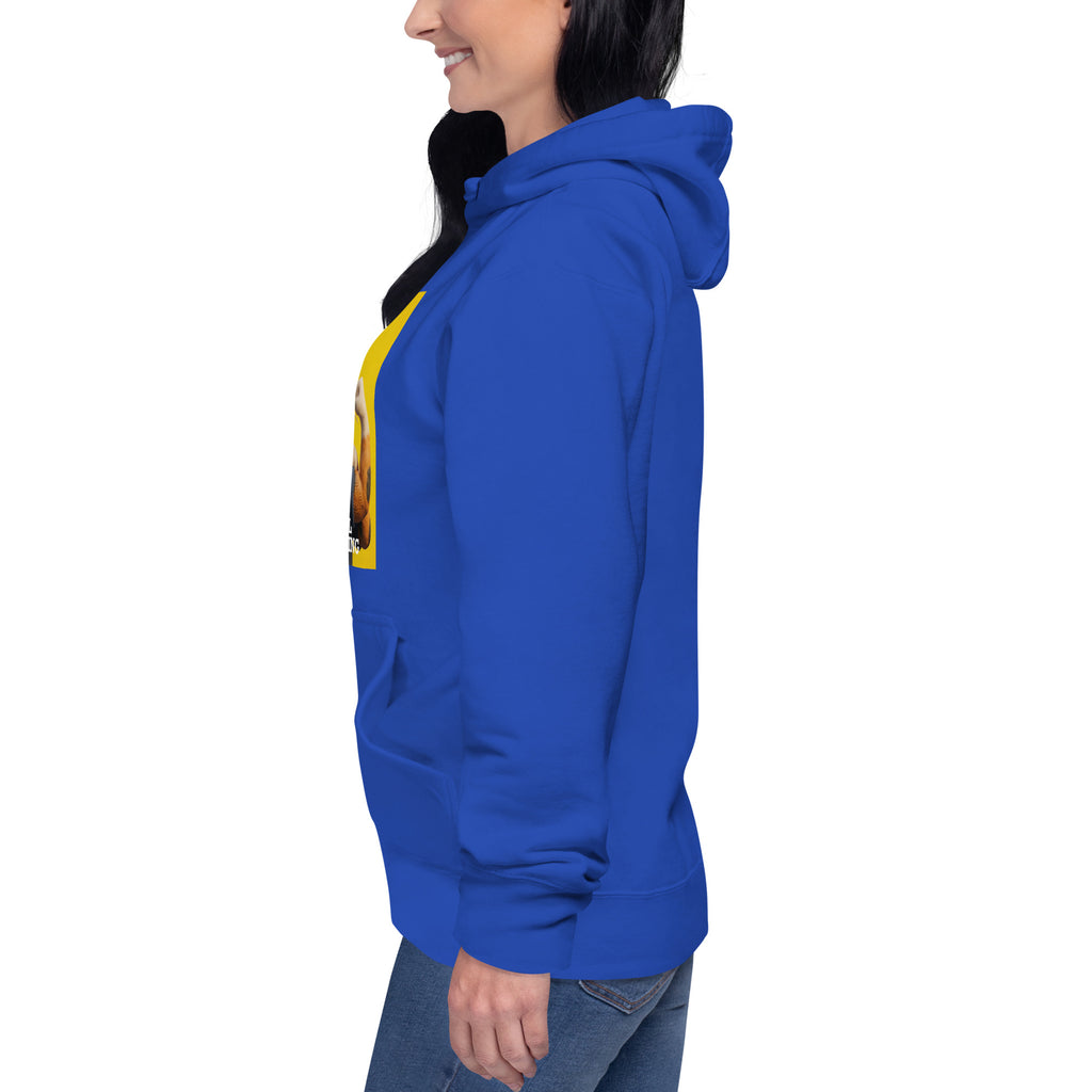 Model wearing royal blue Still Fighting Hoodie, left side view