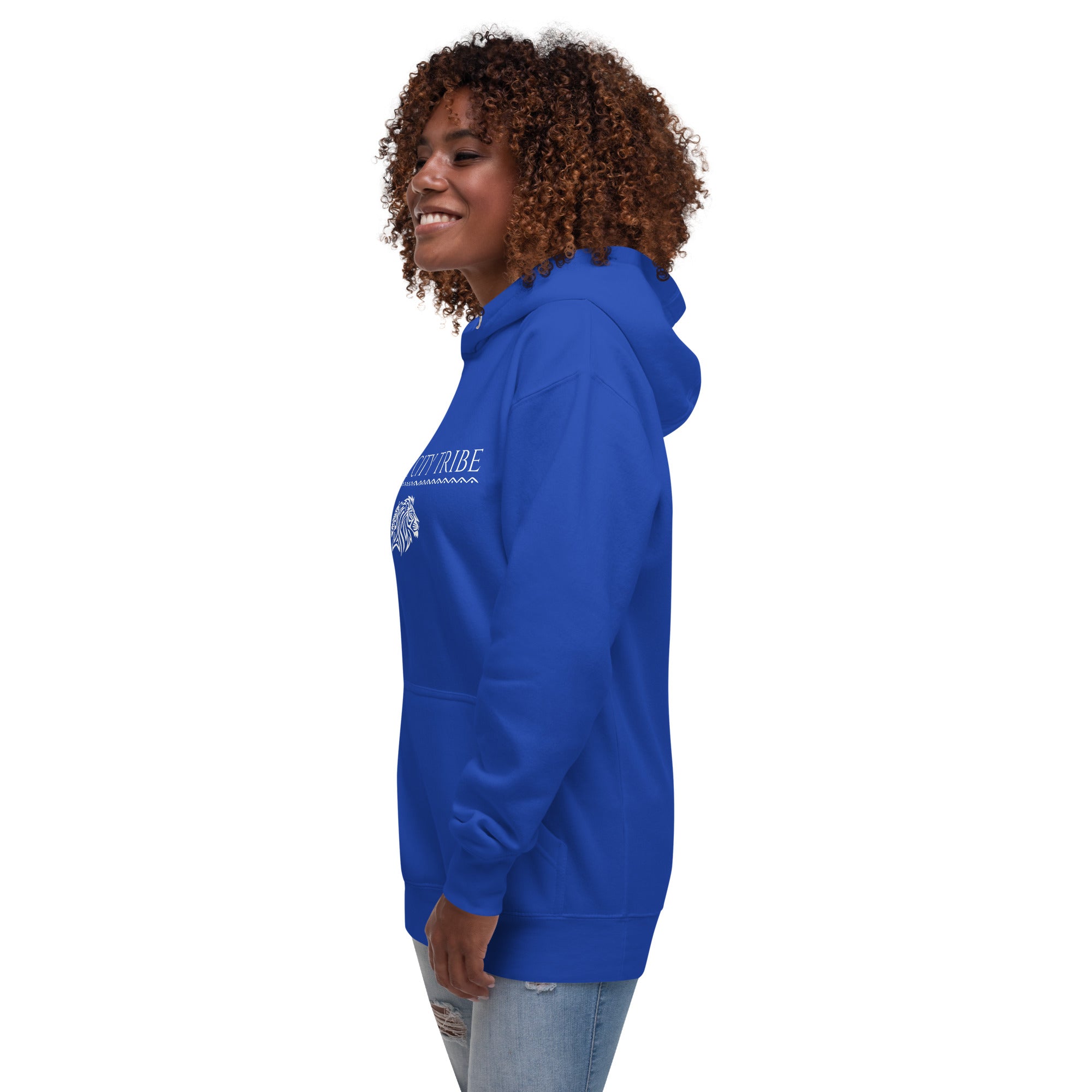 Left side view of blue Grit City Tribe hoodie showing tribal lion graphic and front pocket