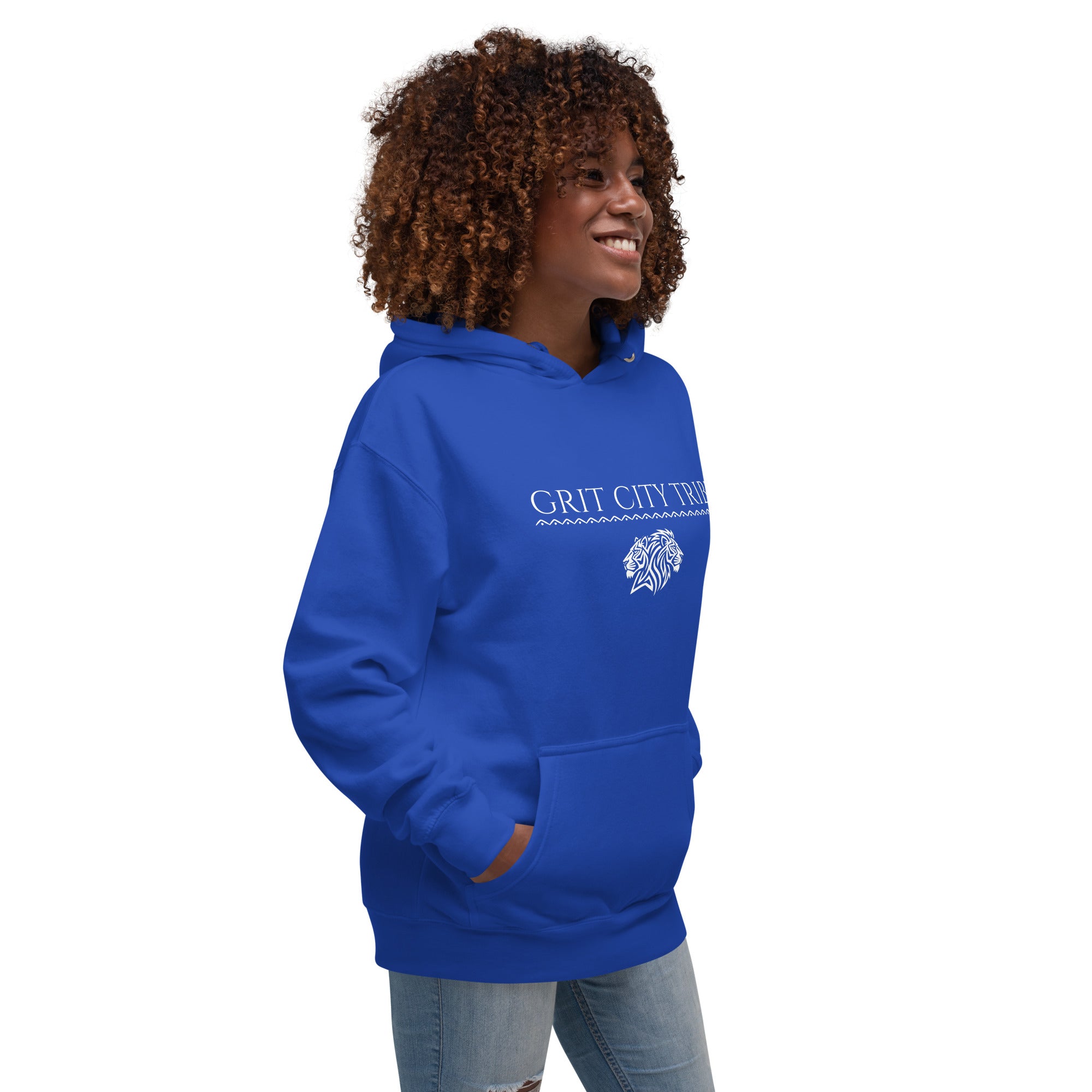 Right side view of blue Grit City Tribe hoodie showing tribal lion graphic and front pocket