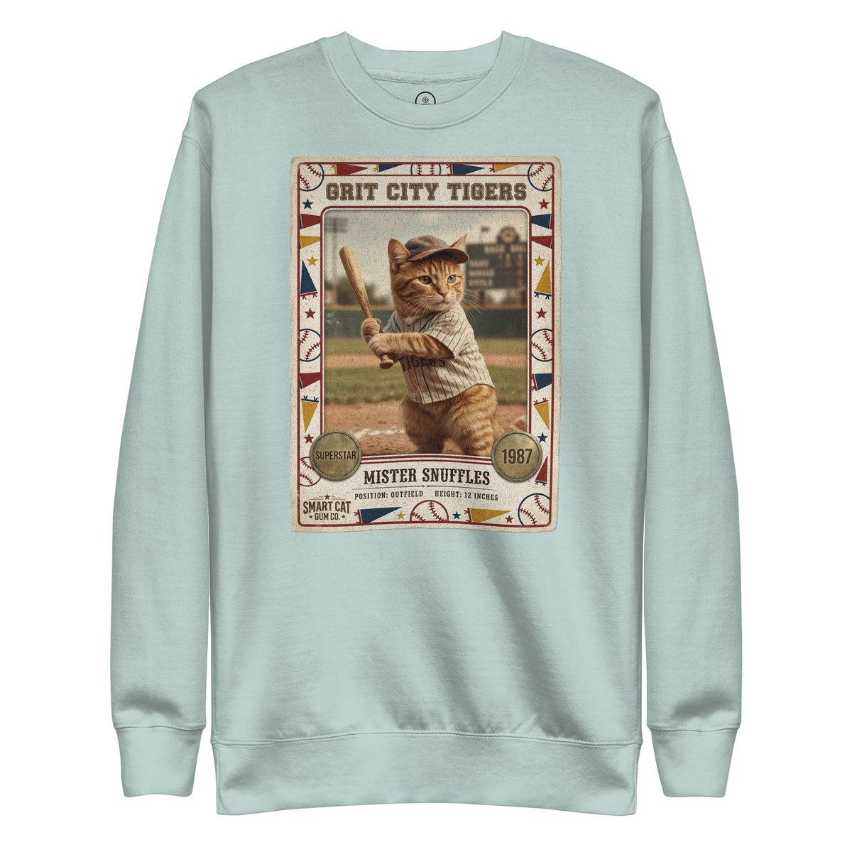 Agave sweatshirt with an orange tabby batting on a vintage Grit City Tigers baseball card