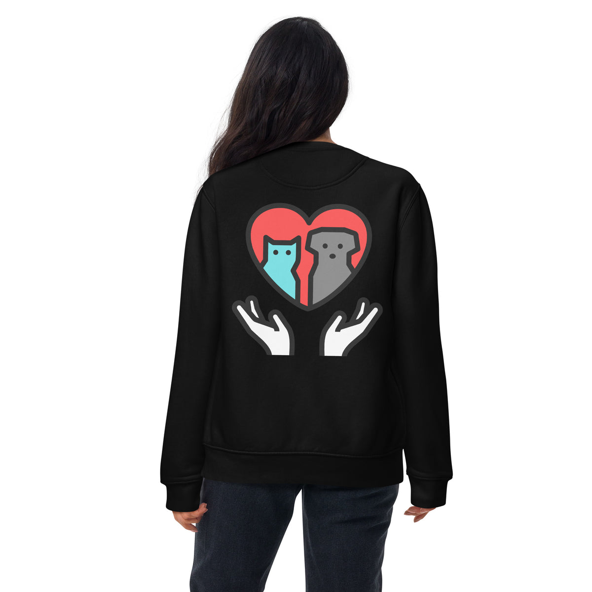 Model wearing the black Seek Save Adopt sweatshirt, back view with heart, cat and dog