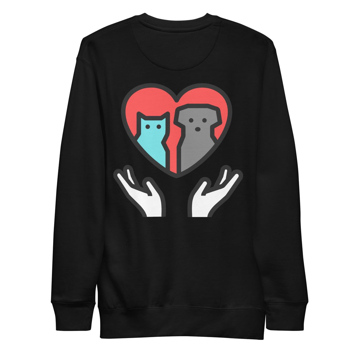 Black Seek Save Adopt sweatshirt, back view with heart, cat and dog above hands