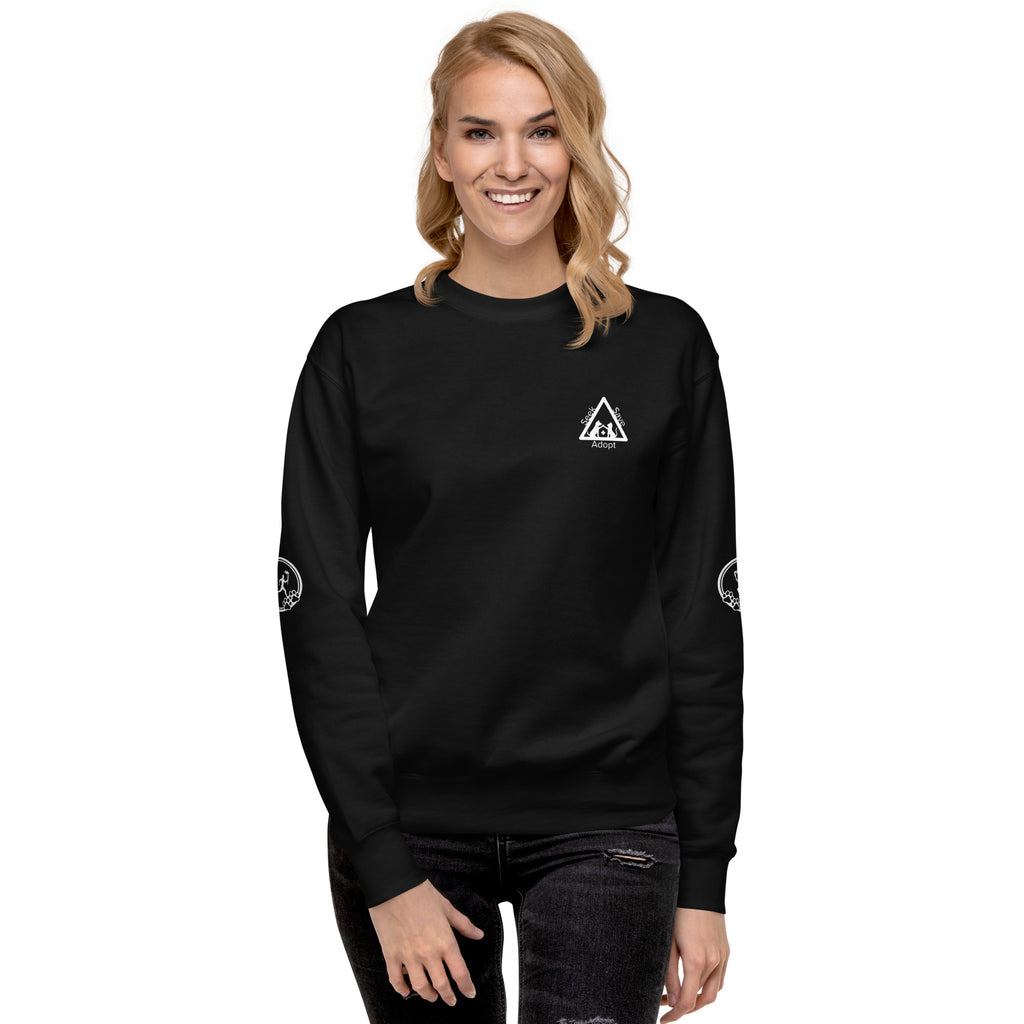 Front of sweatshirt: Small graphic on the chest area depicts a dog and a cat in a triangle, touching paws over a medical cross. The words 'Seek Save Adopt' surround the triangle.