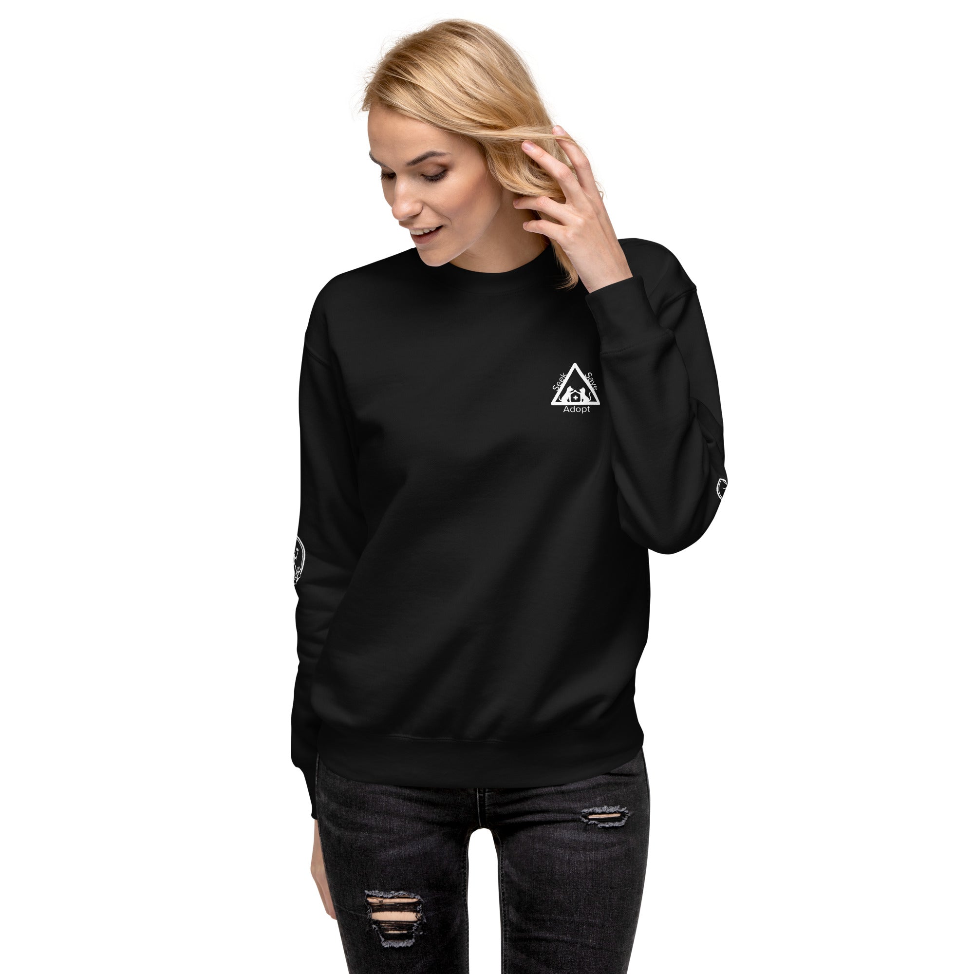 Front of sweatshirt: Small graphic on the chest area depicts a dog and a cat in a triangle, touching paws over a medical cross. The words 'Seek Save Adopt' surround the triangle.