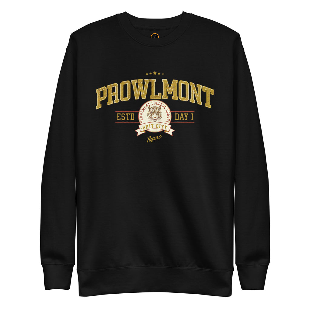 Black black varsity style sweatshirt with yellow 'Prowlmont Grit City Tigers' text and tiger logo on a white background