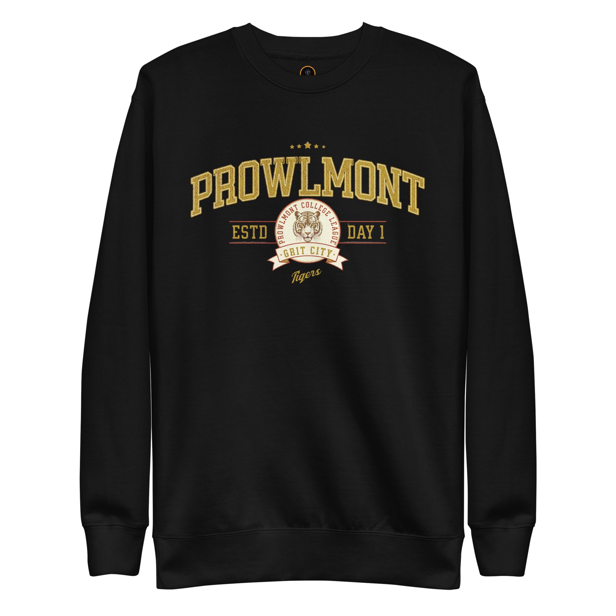 Black black varsity style sweatshirt with yellow 'Prowlmont Grit City Tigers' text and tiger logo on a white background