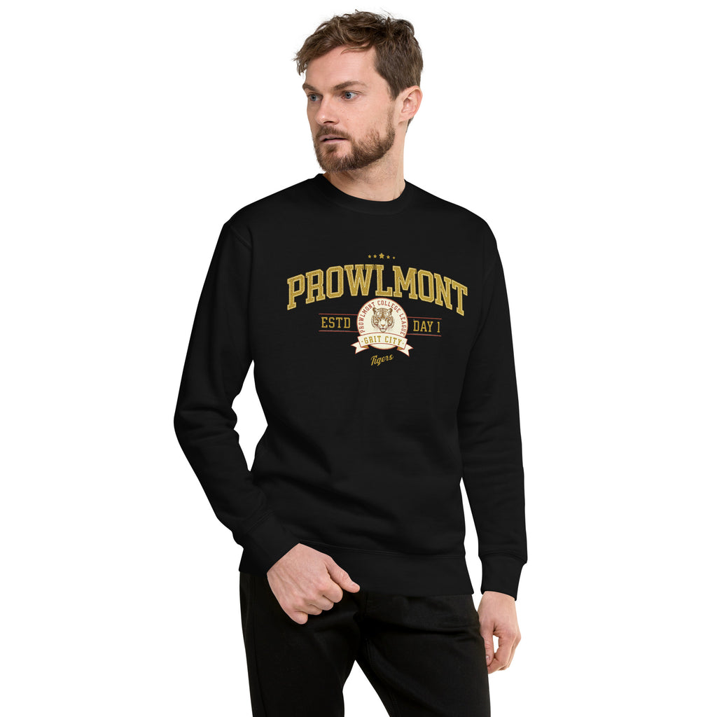 Man wearing a black  varsity style sweatshirt with yellow 'Prowlmont Grit City Tigers' text and tiger logo on a white background