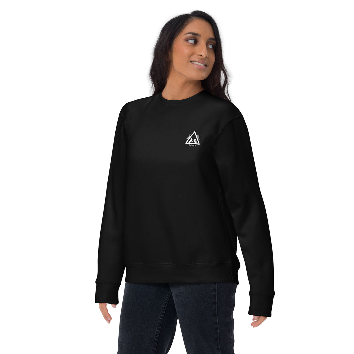 Model wearing the black Seek Save Adopt sweatshirt, front three-quarter view