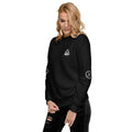Front and Left side of sweatshirt: Small graphic on the chest area depicts a dog and a cat in a triangle, touching paws over a medical cross. The words 'Seek Save Adopt' surround the triangle. Small graphic on left sleeve depicting a woman within a circle