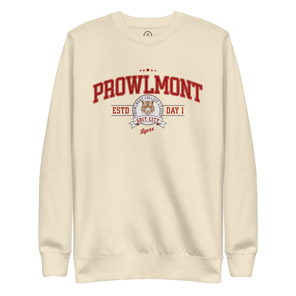 Cream-colored varsity sweatshirt with yellow 'Prowlmont Grit City Tigers' tiger graphic