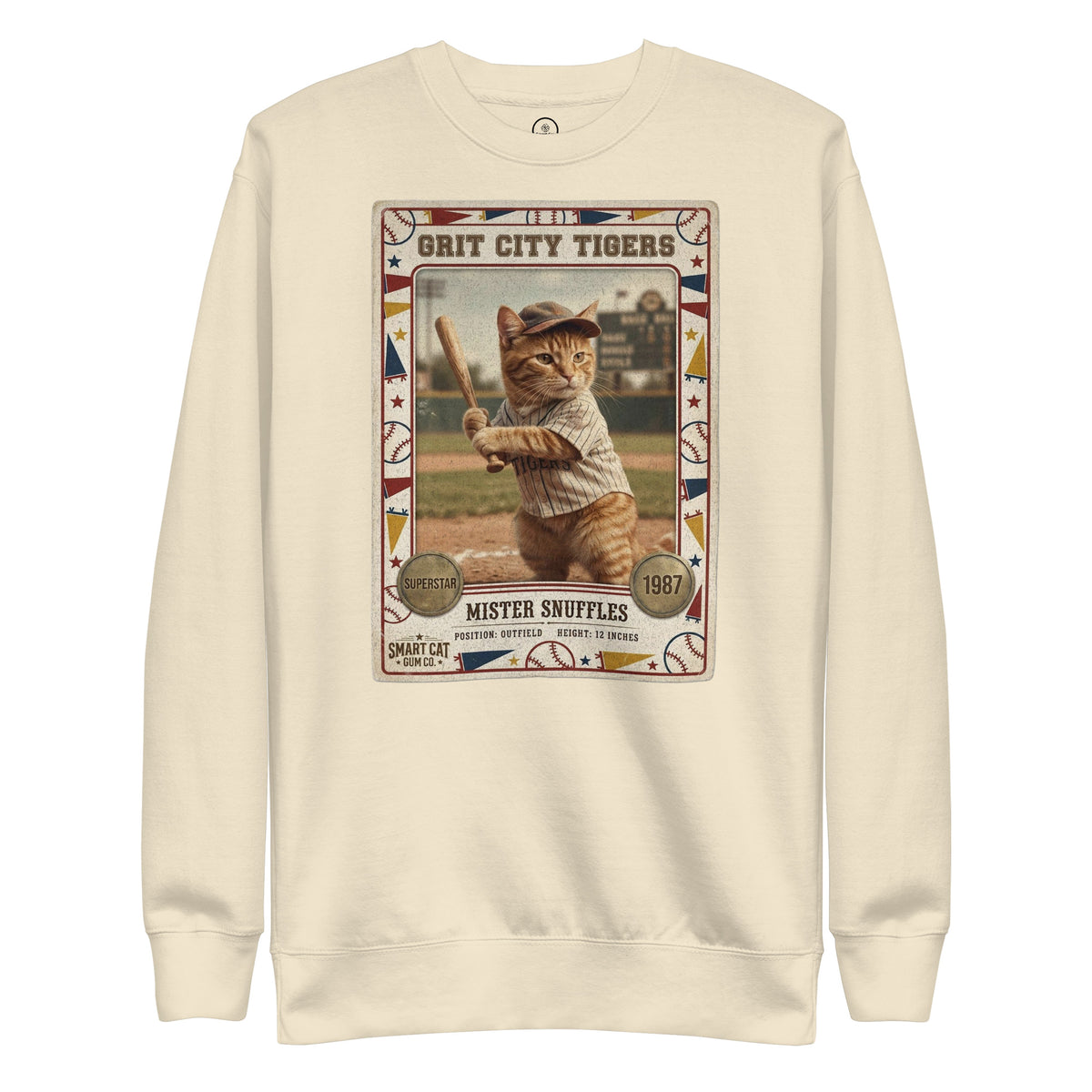 Bone crewneck with a 1987-style Mister Snuffles cat baseball card on the front