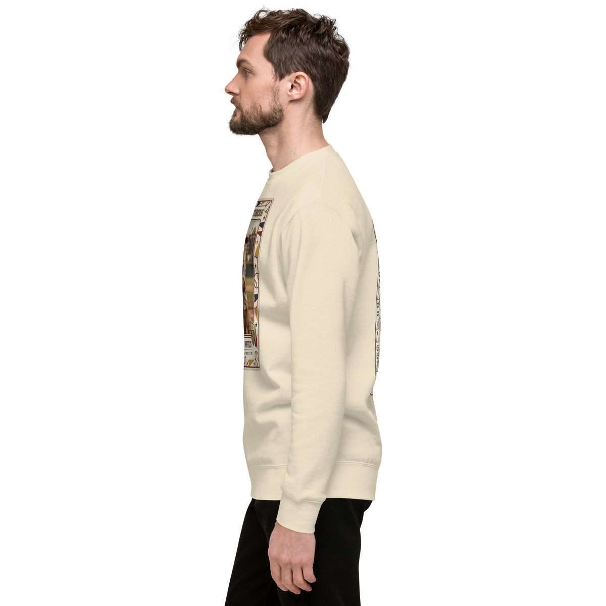 A model in the Bone baseball card sweatshirt, left side view