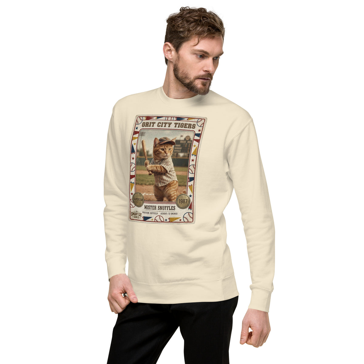 A model wearing the Bone Mister Snuffles sweatshirt with a vintage cat baseball card on the chest