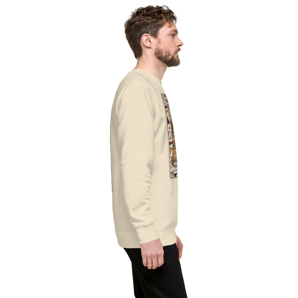 A model in the Bone baseball card sweatshirt, right side view