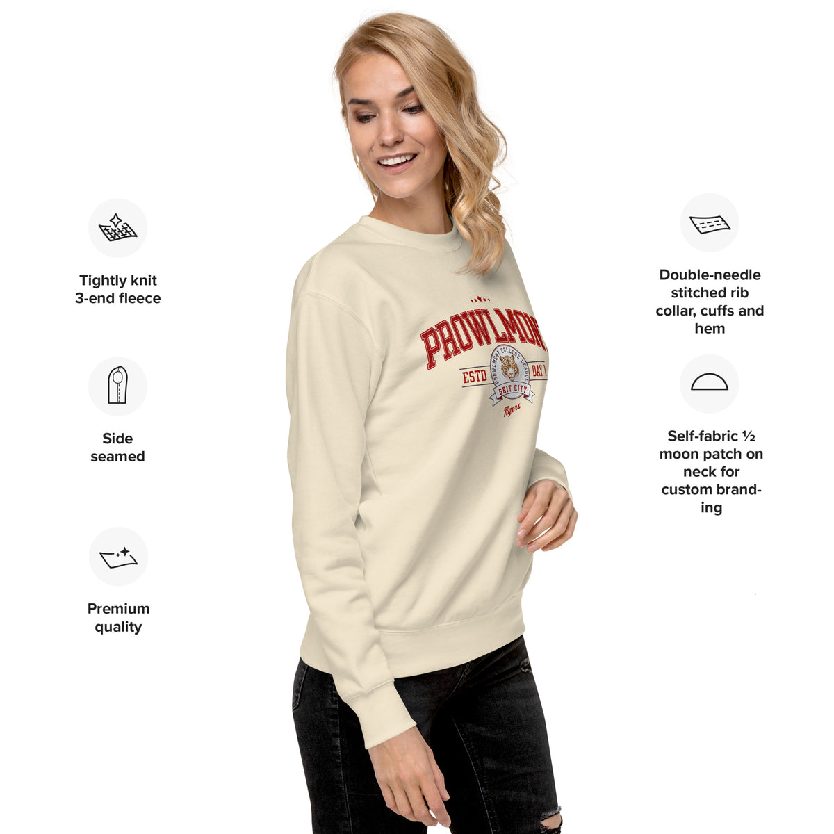A woman modeling a cream-colored sweatshirt with a red and gold 'PROWLMONT EST. 1891' graphic on the front.