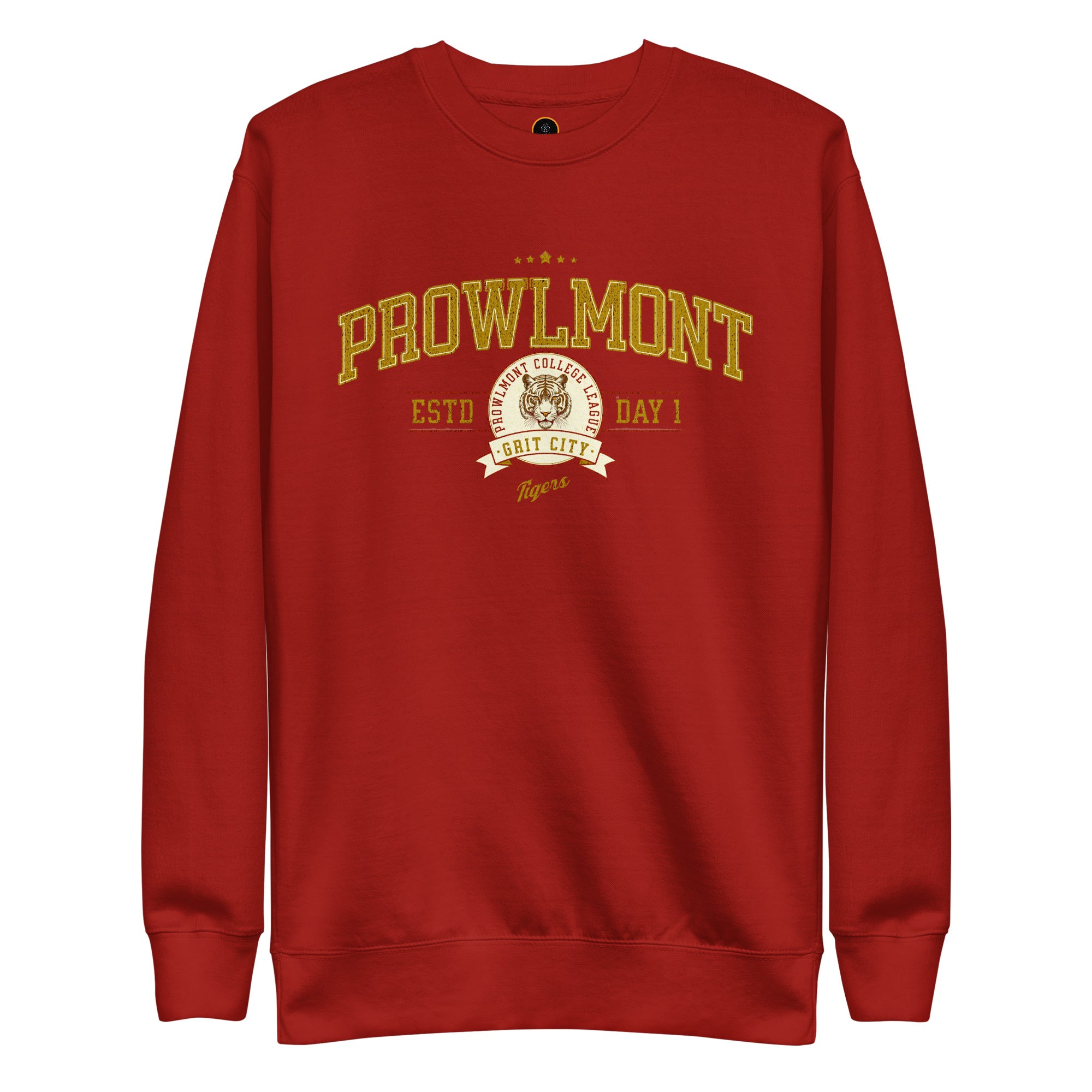 Red varsity style sweatshirt with yellow 'Prowlmont Grit City Tigers' text and tiger logo on a white background