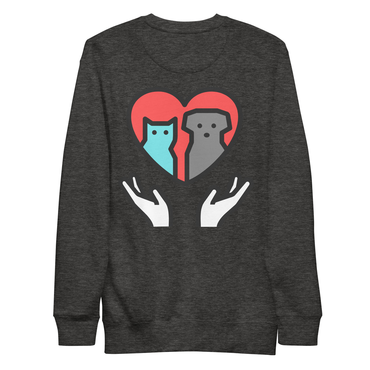 Charcoal Heather Seek Save Adopt sweatshirt, back view with heart, cat and dog above hands