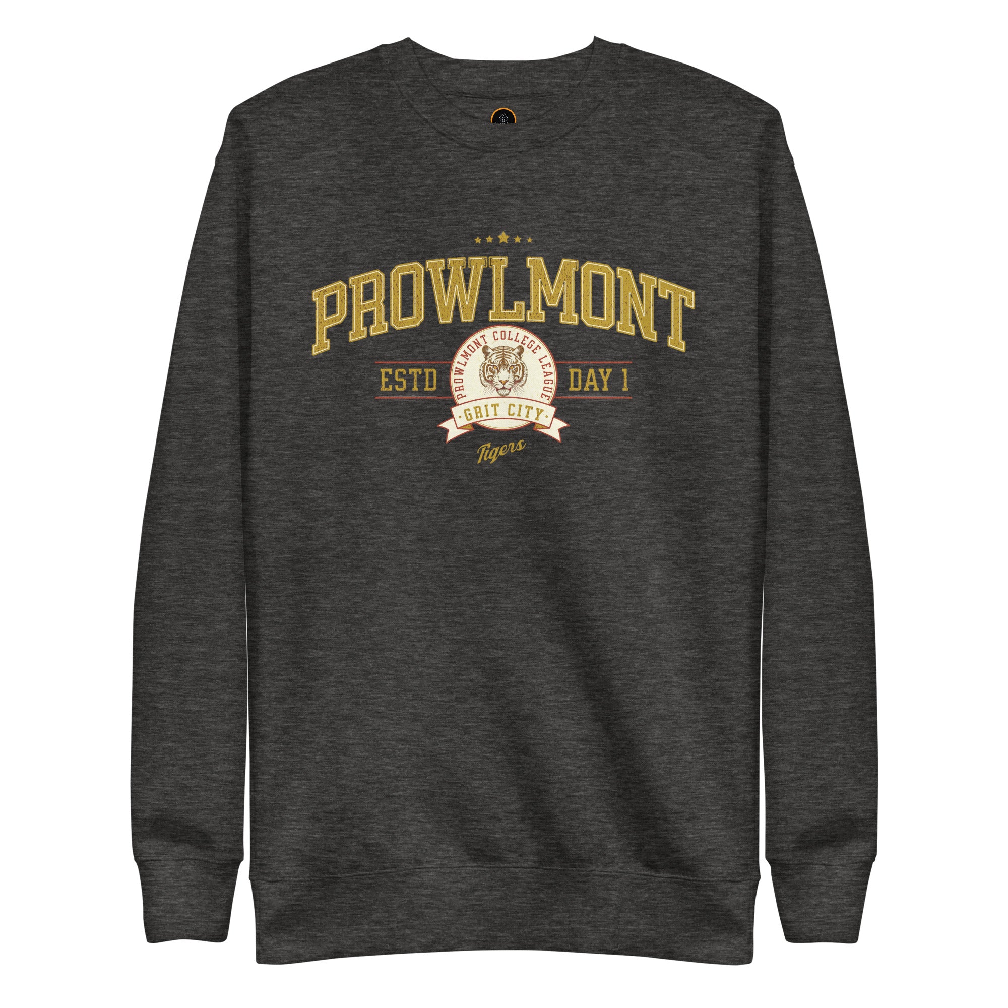 Gray varsity style sweatshirt with yellow 'Prowlmont Grit City Tigers' text and tiger logo on a white background