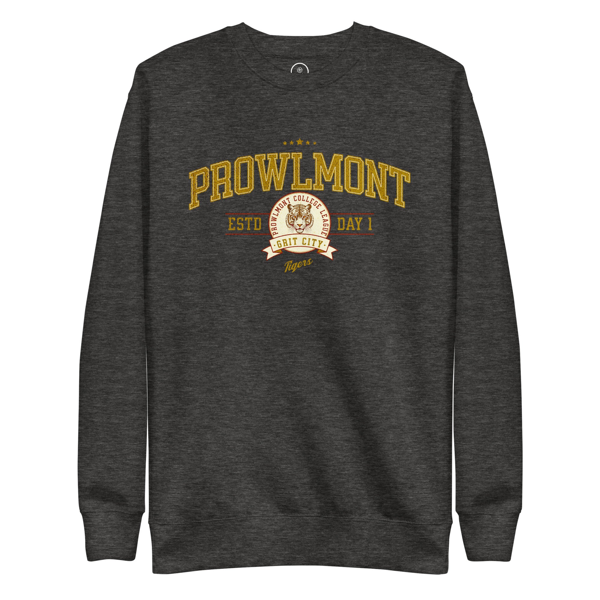 Gray varsity sweatshirt with yellow 'Prowlmont Grit City Tigers' tiger graphic