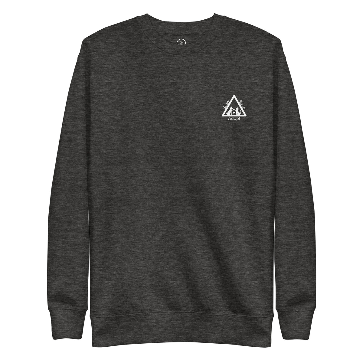 Charcoal Heather Seek Save Adopt sweatshirt, flat front view