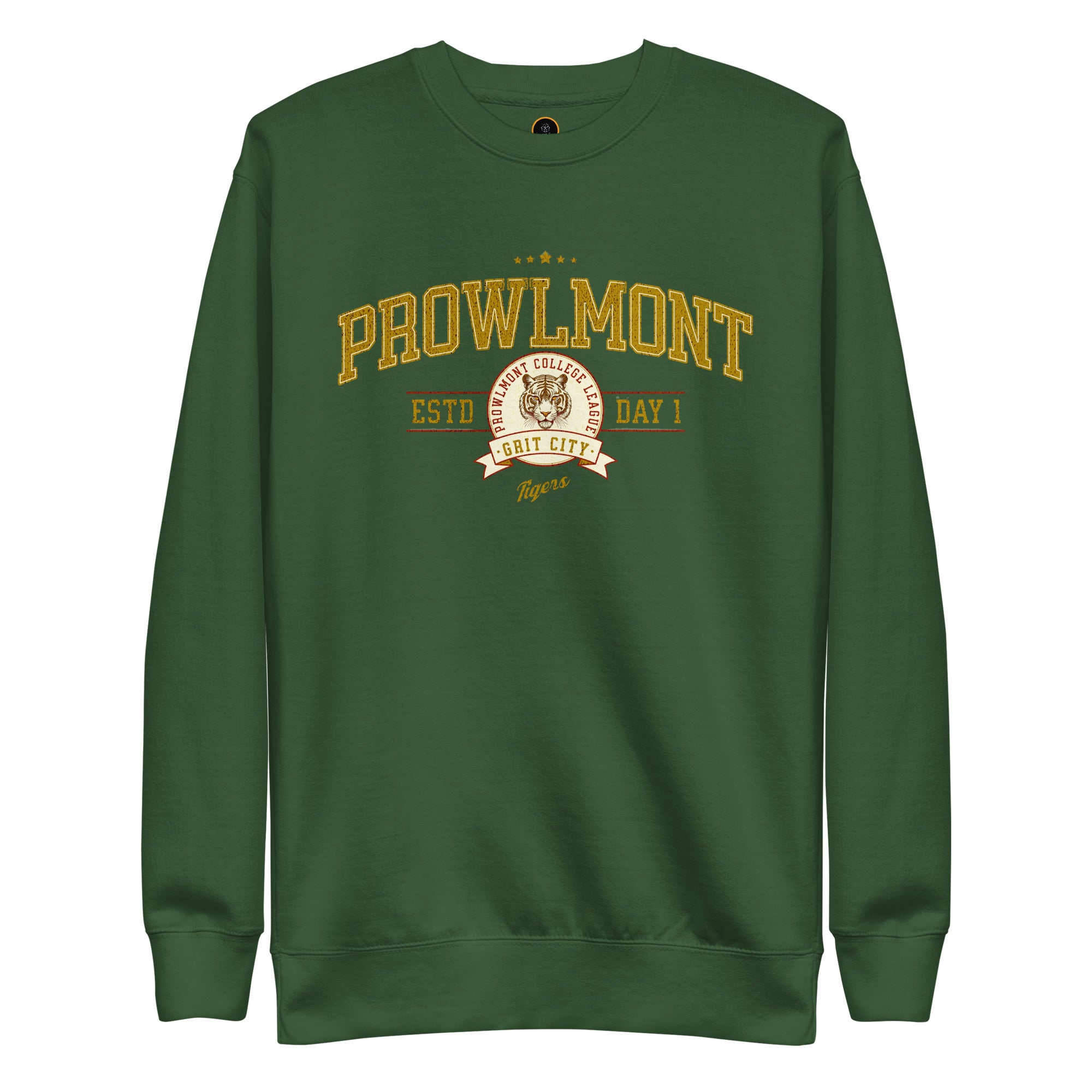 Green varsity style sweatshirt with yellow 'Prowlmont Grit City Tigers' text and tiger logo on a white background