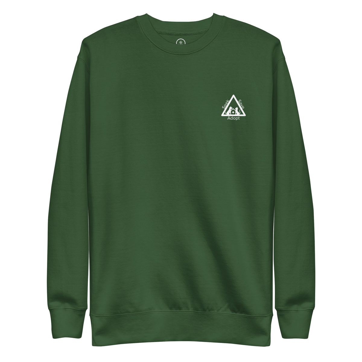 Forest Green Seek Save Adopt sweatshirt, flat front view