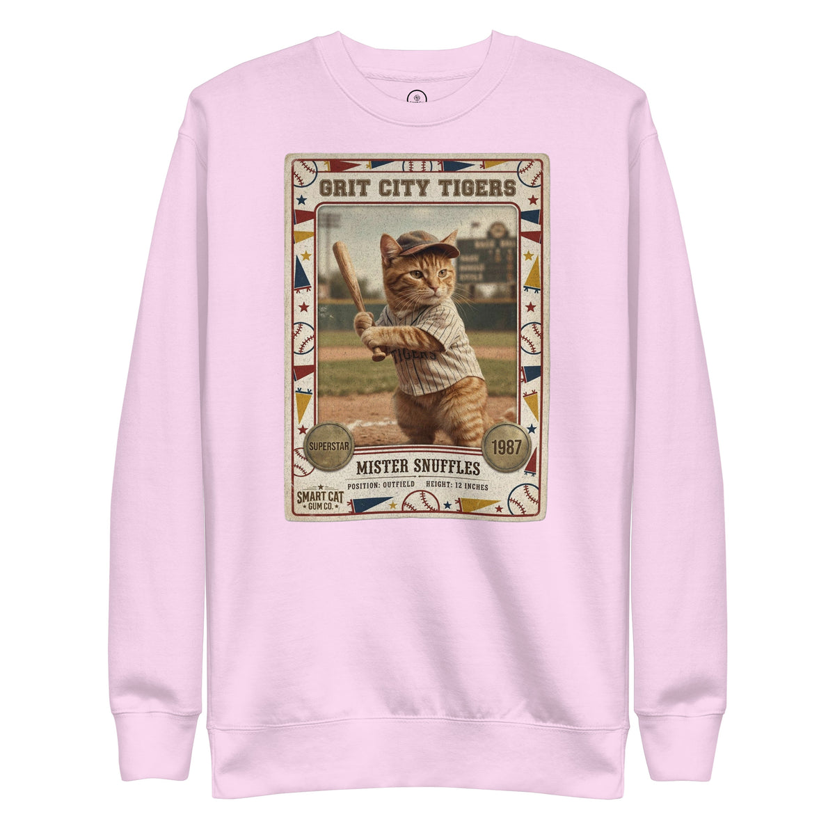 Lavender baseball card sweatshirt with Mister Snuffles, an orange tabby in pinstripes, at bat