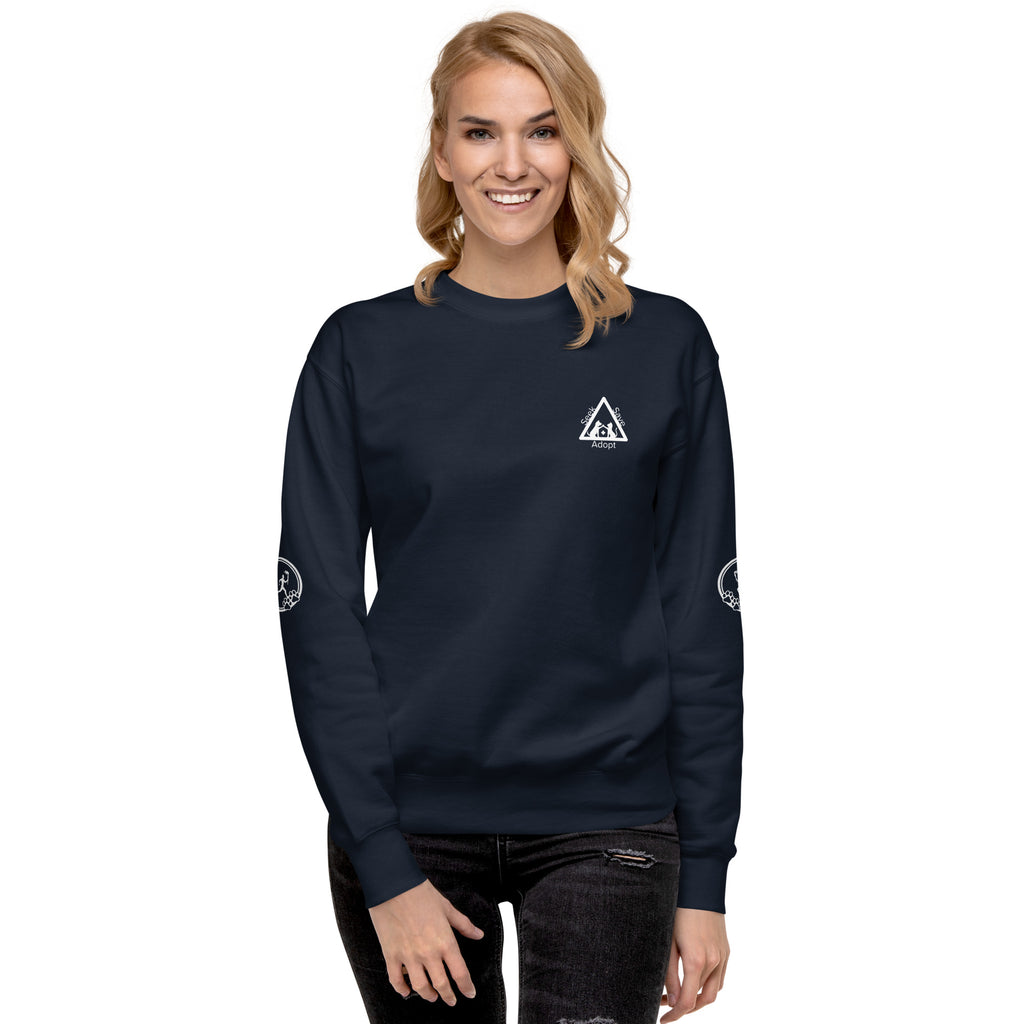 Front of sweatshirt: Small graphic on the chest area depicts a dog and a cat in a triangle, touching paws over a medical cross. The words 'Seek Save Adopt' surround the triangle.