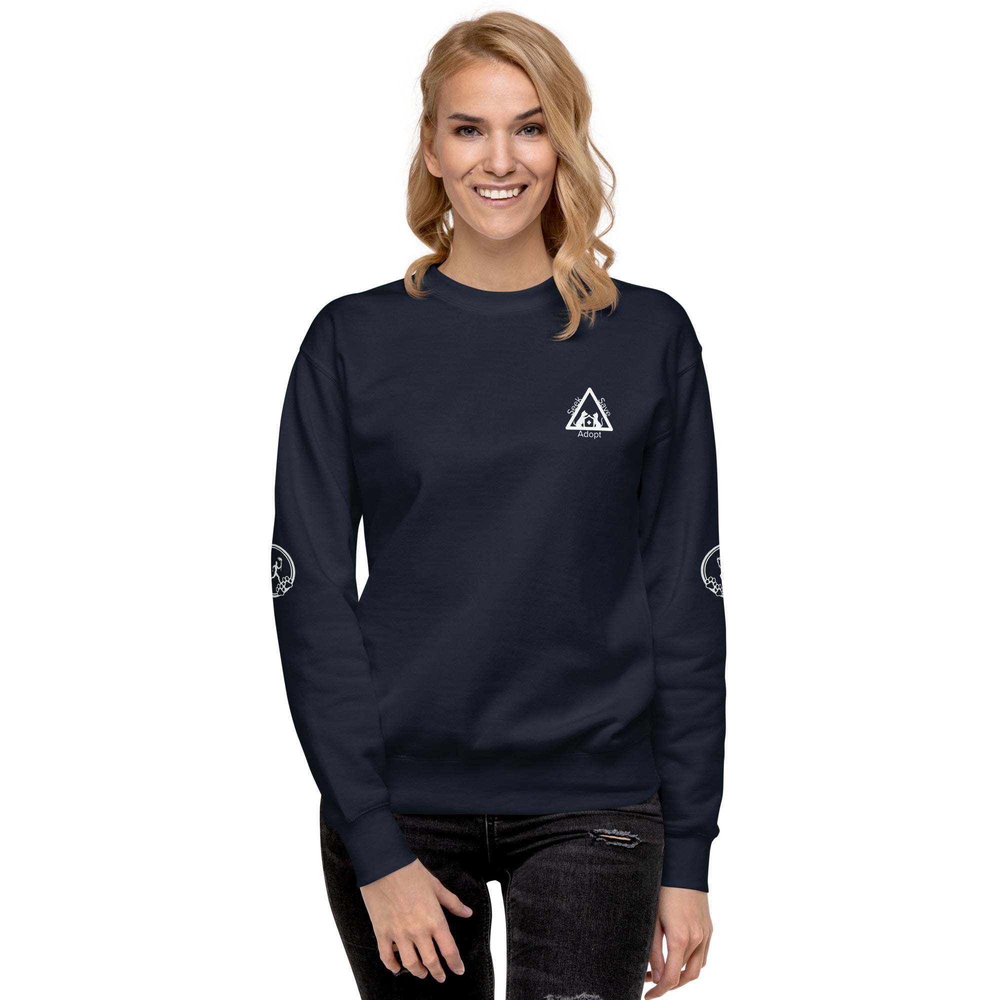 Front of sweatshirt: Small graphic on the chest area depicts a dog and a cat in a triangle, touching paws over a medical cross. The words 'Seek Save Adopt' surround the triangle.