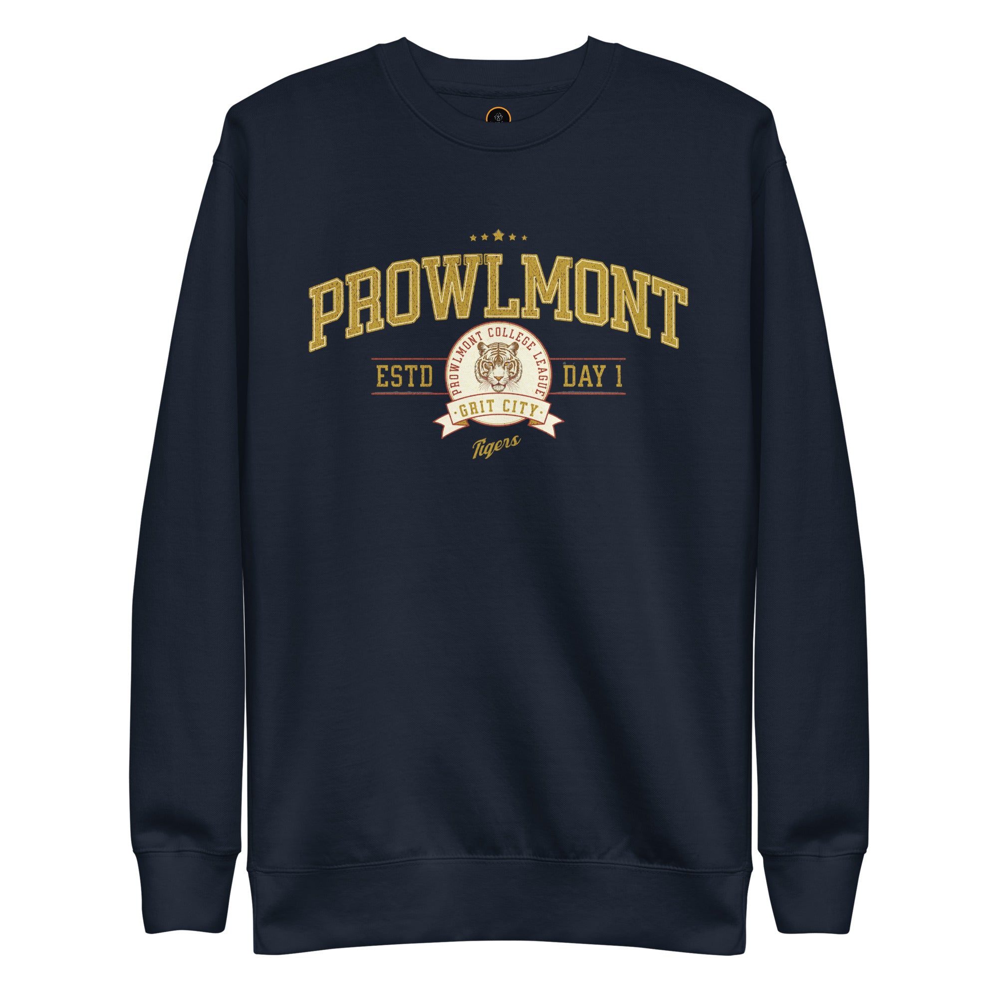 Navy blue varsity style sweatshirt with yellow 'Prowlmont Grit City Tigers' text and tiger logo on a white background