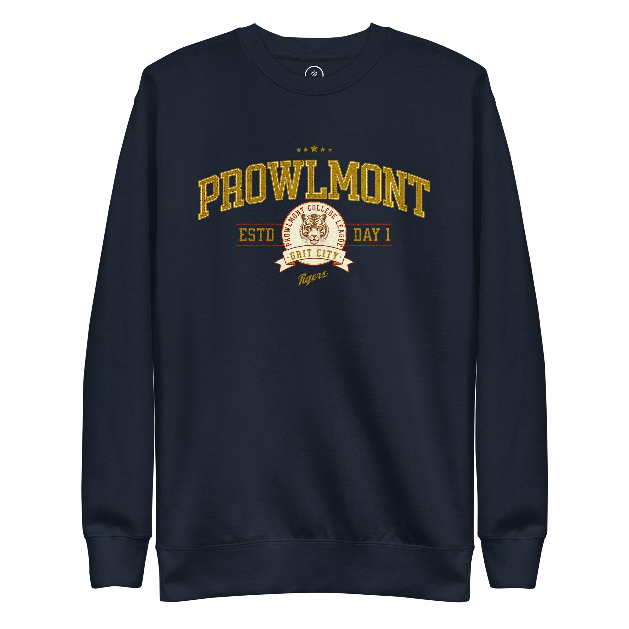Navy blue varsity sweatshirt with yellow 'Prowlmont Grit City Tigers' tiger graphic