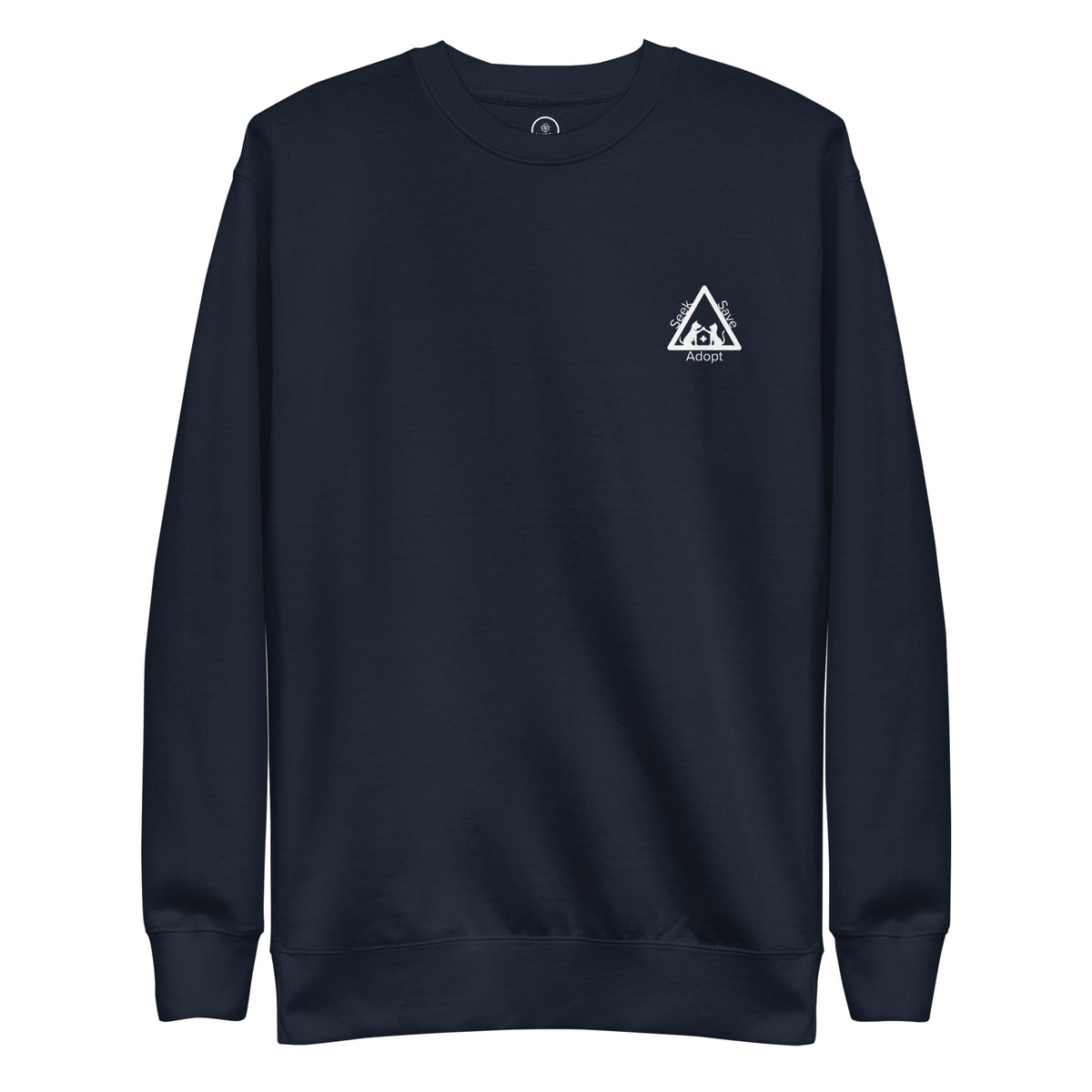 Navy Blazer Seek Save Adopt sweatshirt, flat front view