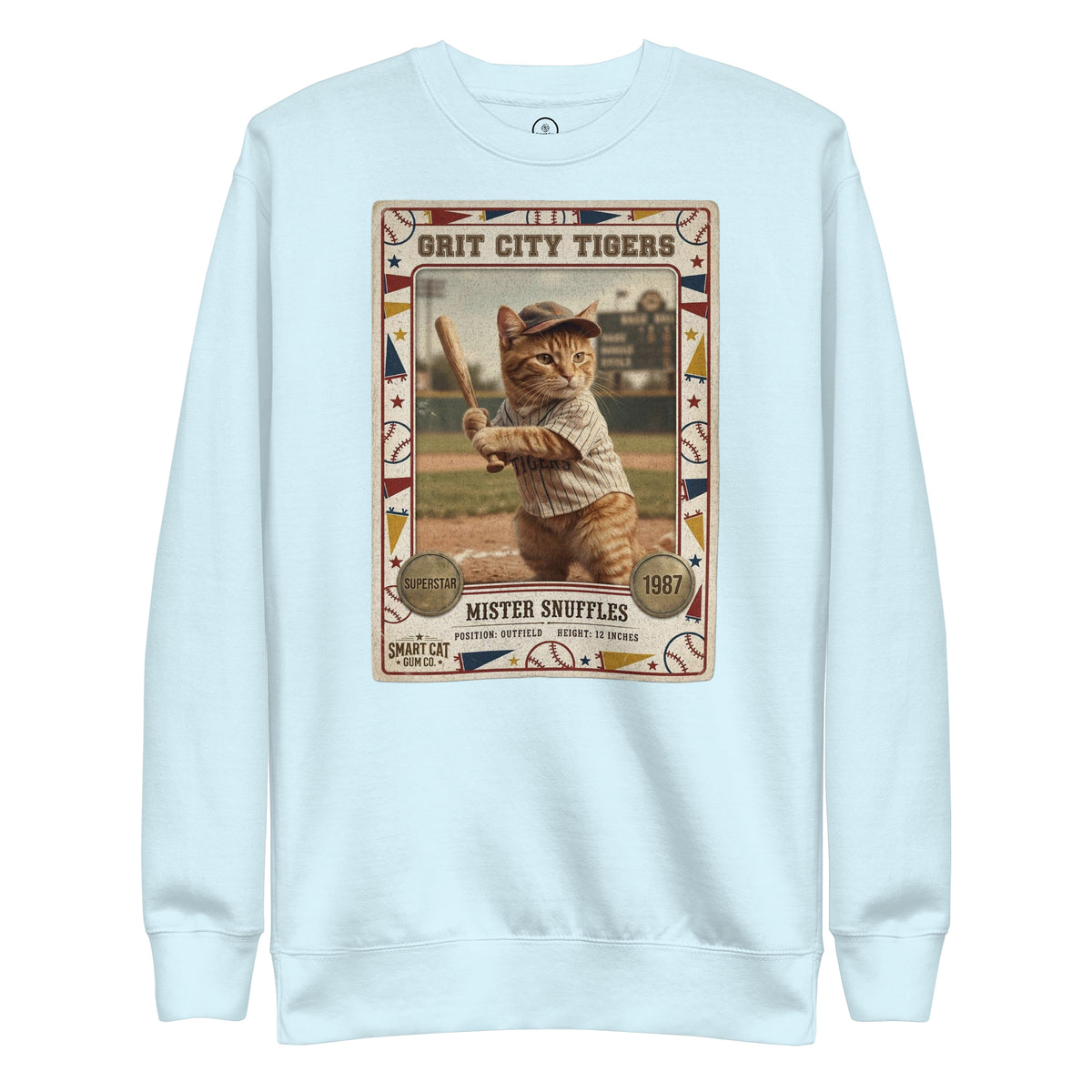 Sky Blue sweatshirt with a vintage cat baseball card of a tabby swinging a bat