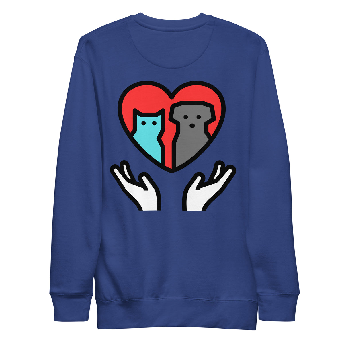Team Royal Seek Save Adopt sweatshirt, back view with heart, cat and dog above hands